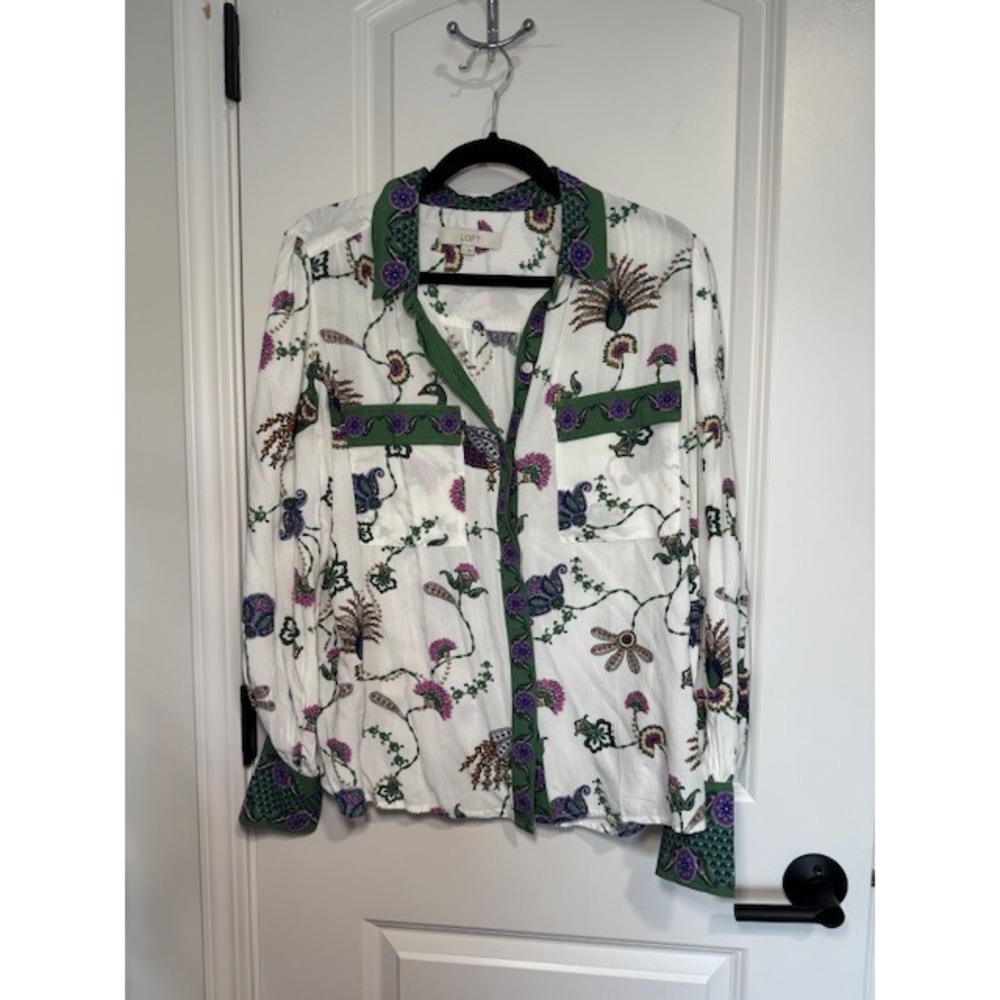 LOFT Womens Peacock Floral Print Button Down Blouse White Green Purple Medium
